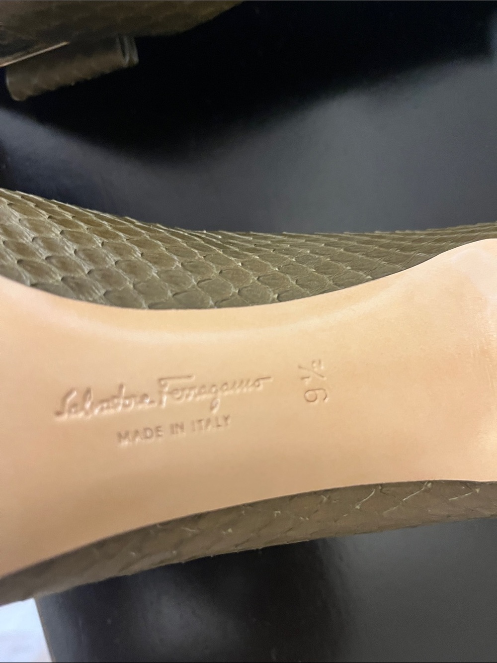Salvatore Ferragamo Olive Green Pointed Toe Bow Pumps with Gold Accent - Picture 13 of 16